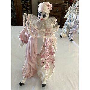 Vintage Jester/Clown Harlequin Pink White Porcelain Doll Big Eyes